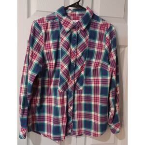 Womens Denim & Co Small Plaid Multi color Shirt Blouse Long Sleeve Button up